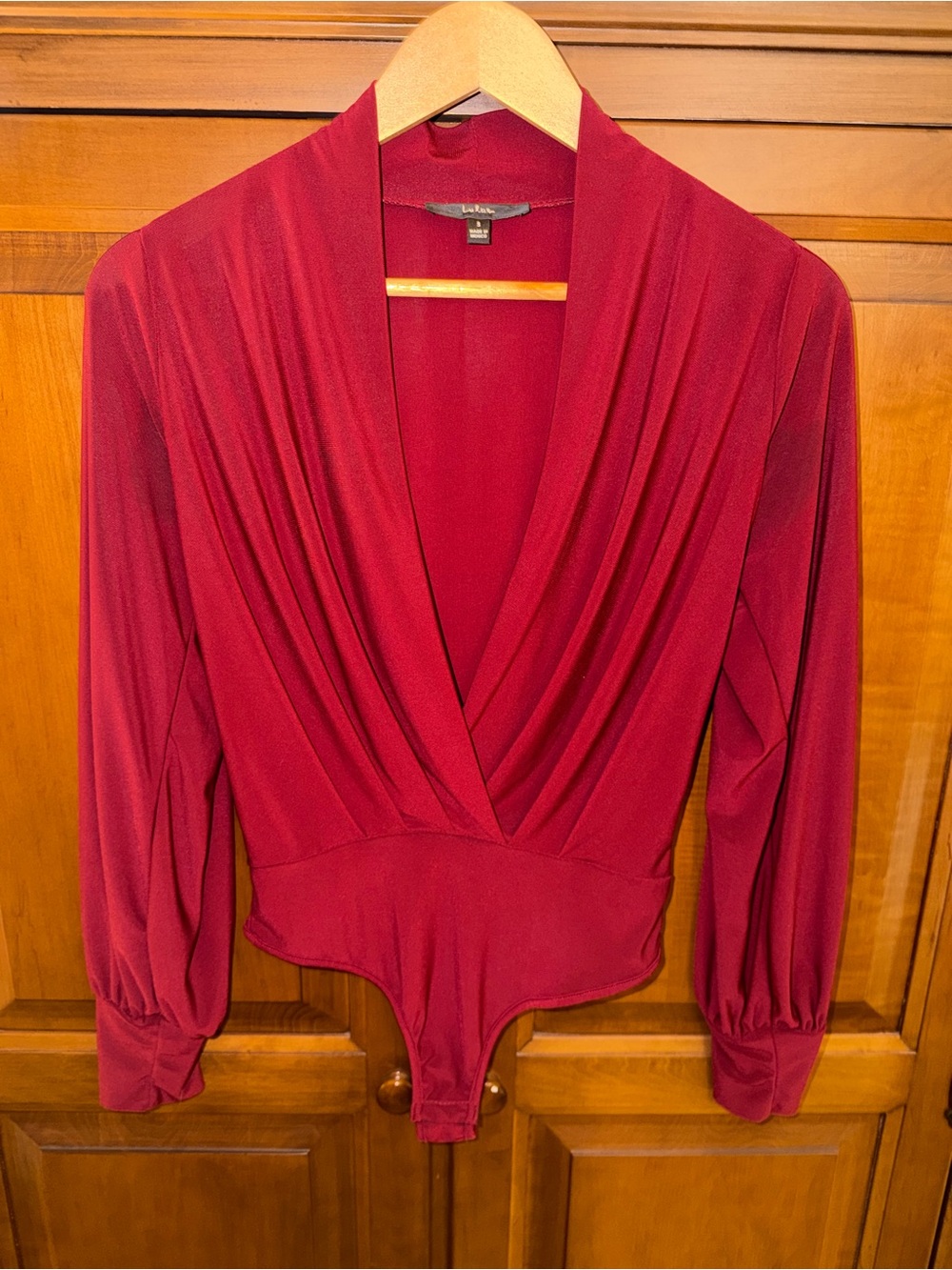 Lulus Fashion Force Wine Red Surplice Long-Sleeve Bodysuit Small